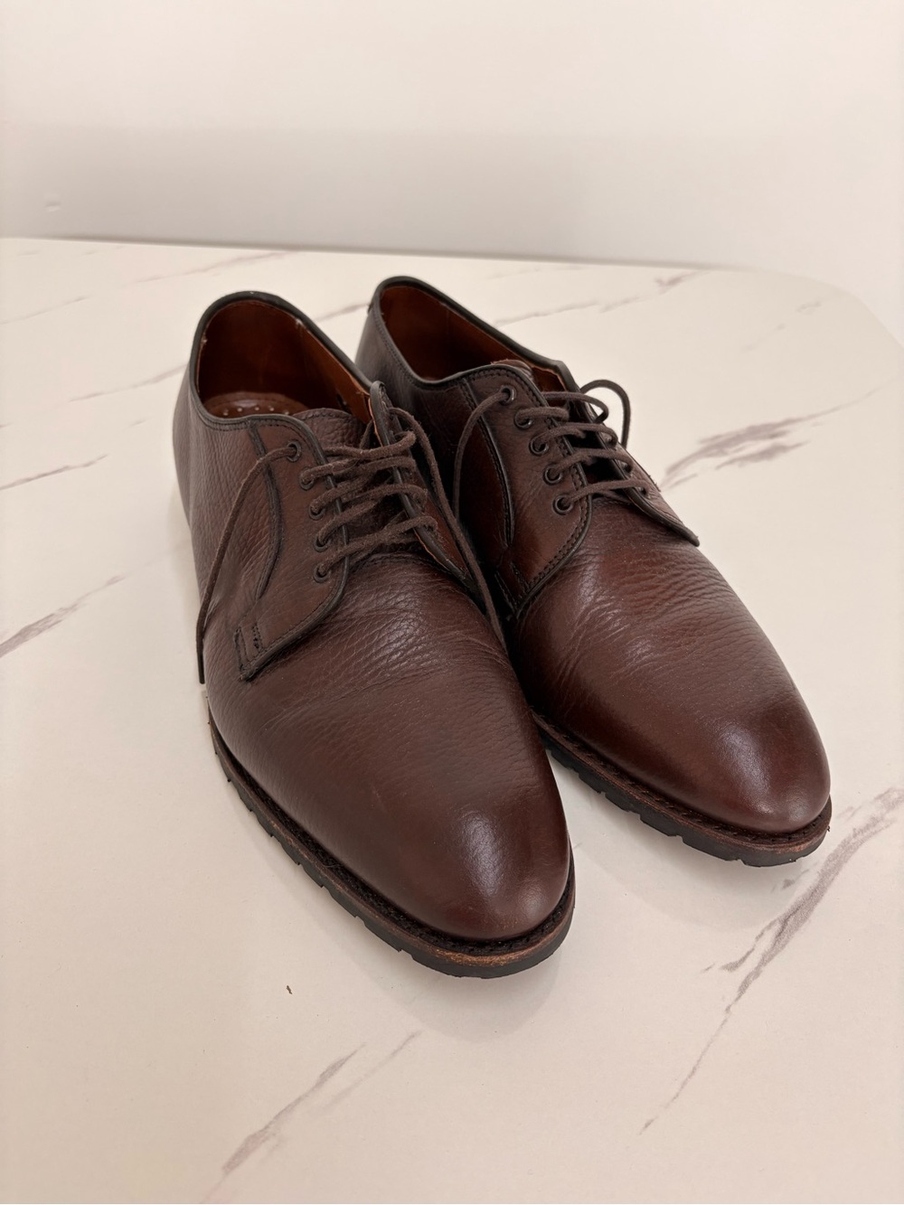 Allen Edmonds Brown Pebbled Leather Plain-Toe Derby Shoes